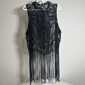 Black Lace High Neck Tank with Long Fringe